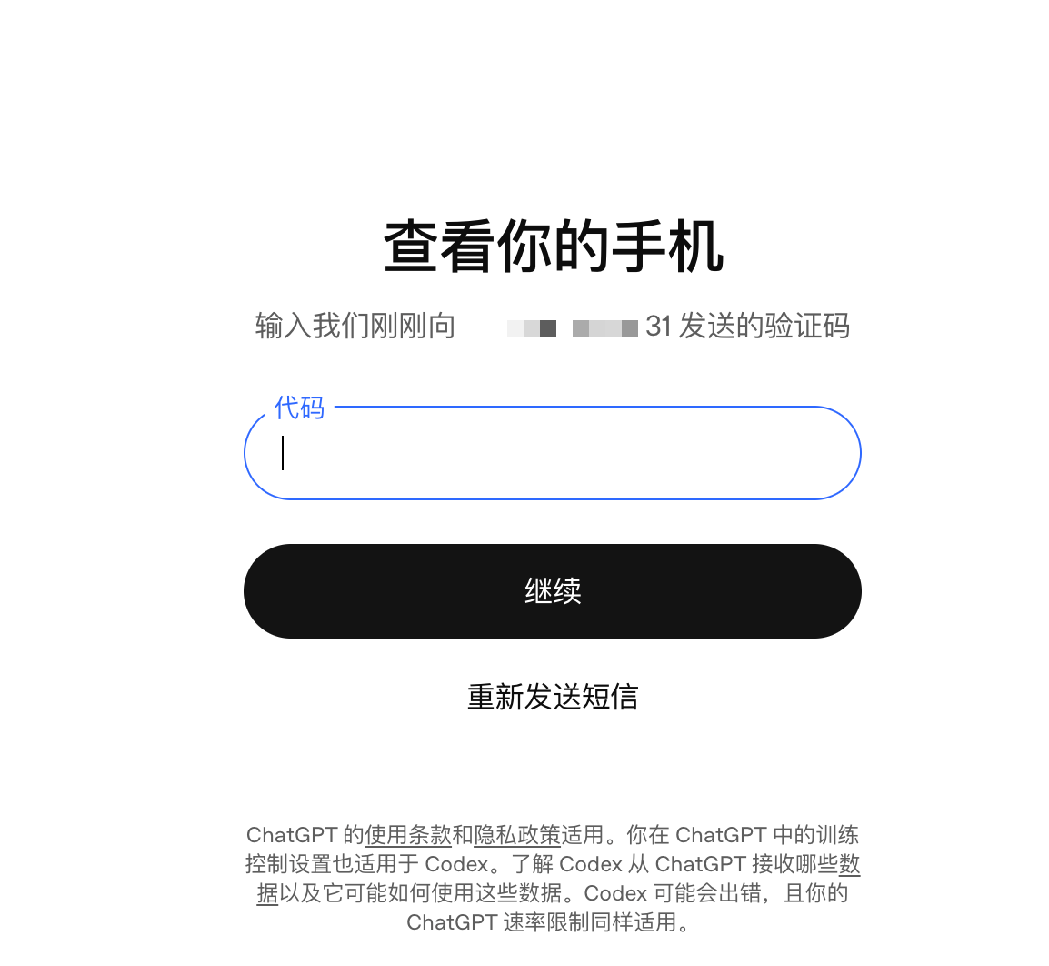 OpenAI 查看手机验证码页面,包含验证码输入框
